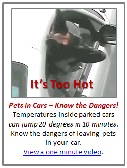 Temperatures inside parked cars can jump 20 degrees in 10 minutes. Know the dangers of leaving pets in your car. View a video.